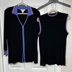 Misook Set Size 1X Black Blue V Neck Zip Up Cardigan Sleeveless Top